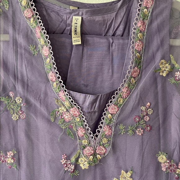 Ethnic Purple Floral Embroidered Sheer Women's Dress - Picture 2 of 6